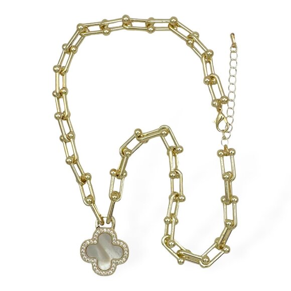 GOLD BALL CHAIN NECKLACE WITH MOTHER OF PEARL CLOVER PENDANT WITH PAVE CRYSTAL - Picture 1 of 2